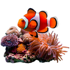 Fototapeta na wymiar A colorful clownfish swimming among coral, vivid and dynamic, on a transparent background.