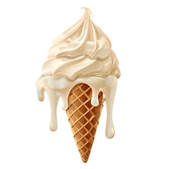 A scoop of ice cream in a cone, dripping as it melts, symbolizing summer heat, on a transparent background.