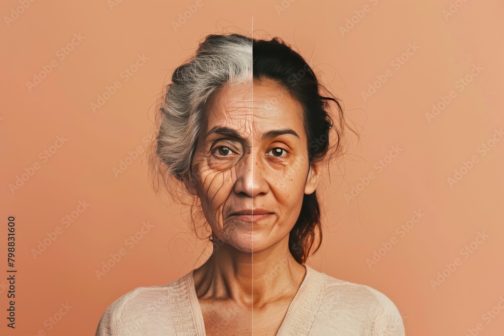 Poster vitality in life contrasts aging scalp health with right-half anti aging cosmetics applications, exp