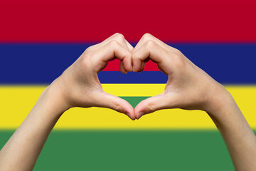 Mauritius flag with two hands heart shape, support or donate to Mauritius, express love or 