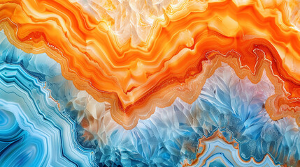 Vibrant Orange and Cool Blue Alcohol Ink Waves with Agate Ripples and a Glossy Surface in High Resolution.