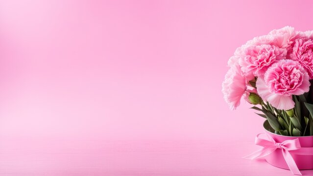 Mother's Day background with a picture of a place to copy, a pink carnation and a ribbon in the shape of a cone.
