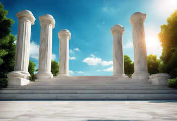 'Sustainability steps pillars marble illustration background blue Three concept 3d sky poduim pillar column classical dais cloud greek front white architecture'