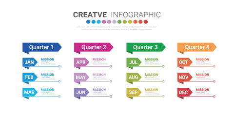 Infographic quarterly template for presentation 12 months in 4 quarter can be used for workflow layout, process diagram, flow chart.