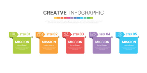 Presentation infographic template with 5 options, vector infographics design and marketing icons can be used for workflow layout, steps or processes.