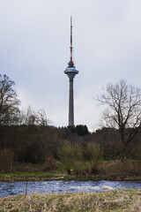 Fototapeta premium Tallinn TV tower, view from the Pirita river on an spring day.
