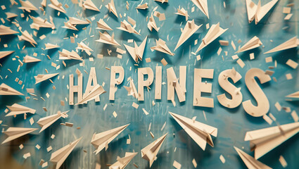 The word "HAPPINESS" written among many paper airplanes in the sky.