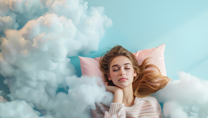 Young woman with blanket and pillow lying on soft cloud against light blue background