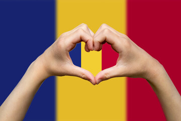 Romania flag with two hands heart shape, patriotism and nationalism idea, vector design, express 