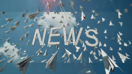 The word "NEWS" written among many paper airplanes in the sky.