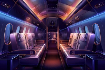 Luxury Expensive Private Jet Interior on Dark Background. Sleek and Modern Design VIP Aircraft Cabin.