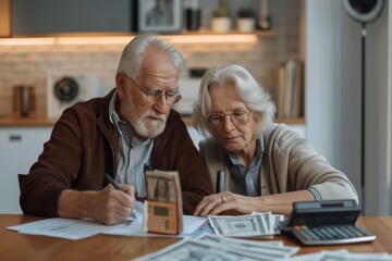 Fototapeta na wymiar Elderly Interracial Couple Reviewing Financial Data on Laptop at Home