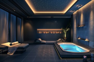 Luxury Expensive Private Spa Suite on Dark Background. Sleek and Modern Design Exclusive Wellness Retreat. 
