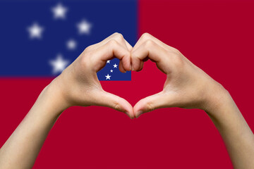 Samoa flag with two hands heart shape, support or donate to Samoa, express love or affection 