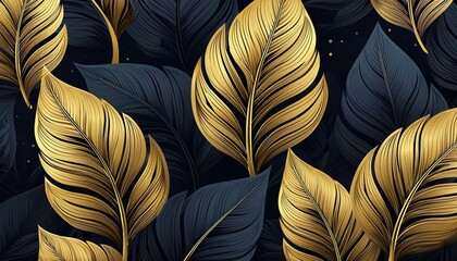 A luxurious wallpaper pattern with a design of golden leaves against a black velvet backdrop, creating an abstract motif that exudes opulence and grandeur