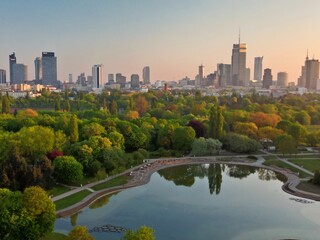 A beautiful panoramic view of the sunrise in a fabulous spring morning at Pola Mokotowskie in Warsaw, Poland - "Mokotow Field" is a large park in Warsaw.