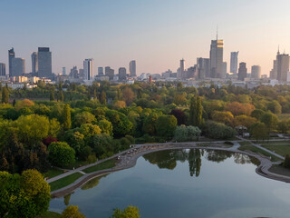 A beautiful panoramic view of the sunrise in a fabulous spring morning at Pola Mokotowskie in Warsaw, Poland - 