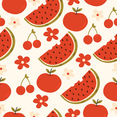 Flat vector illustration of a seamless pattern with watermelons, berries, flowers. Summer pattern.