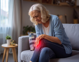 Obraz premium Älter Dame mit Knieschmerzen durch Arthrose Arthritis. Sitzt ud hält die Hand am Knie