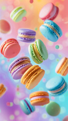 Obraz premium Colorful macarons floating in mid-air, vividly captured in a food photography style against a pastel rainbow backdrop, showcasing the vibrant variety and delicate texture of these French confections. 