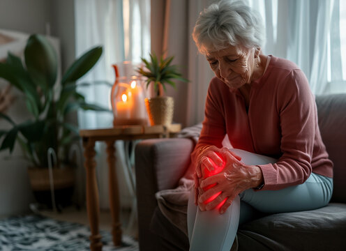 &Auml;lter Dame mit Knieschmerzen durch Arthrose Arthritis. Sitzt ud h&auml;lt die Hand am Knie