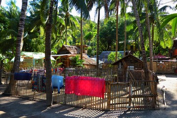 Small native village in the junge, palm trees and small houses. Palms and buildlings, tropical...