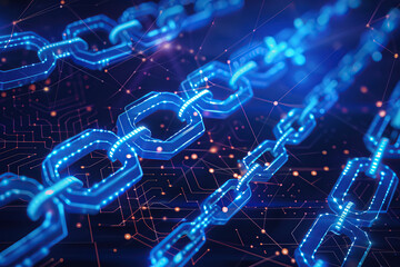 Obraz premium horizontal abstract illustration of blue chains glowing in the dark in a technology context