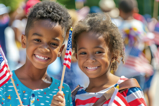 Two young African American children are holding a red and white American flag - Powered by Adobe