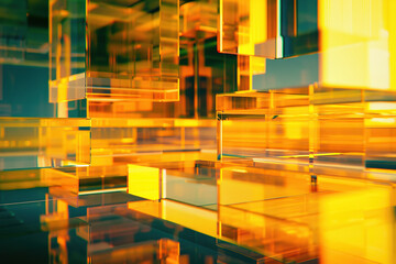 horizontal image of glowing transparent geometrical yellow shapes and layers