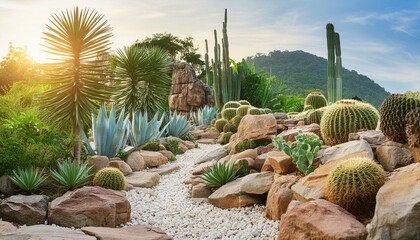 A rock garden with a variety of plants including succulents and cacti. The plants are arranged in a...