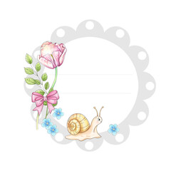 Watercolor hand drawn springtime farmer circle border, with with flower. Copy space design element. For invitation, wedding, printing, label, textile, greeting card