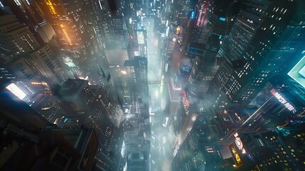 A dark and rainy night in the city. The streets are empty, except for a few cars and pedestrians. The only light comes from the neon signs and the streetlights.