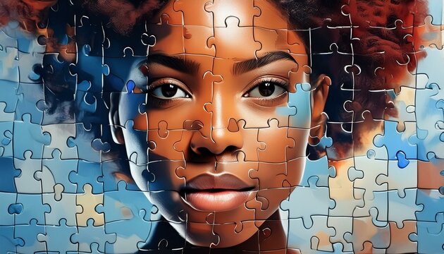 A woman's face is made up of puzzle pieces