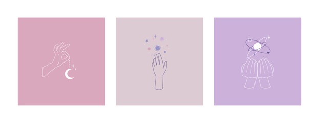 Elegant female hands. Moon, planet, stars. Logo design templates in trendy minimalistic style. Feminine magic symbols for mysterious emblem. Witchcraft, Boho, Fashion, esoteric concept