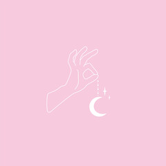 Fototapeta premium Woman hand logo with star, moon in simple line boho style. Cute pastel poster with woman hand. Abstract minimal female symbol for beauty design. Esoteric, mystical, magic emblem, Witchcraft, Boho