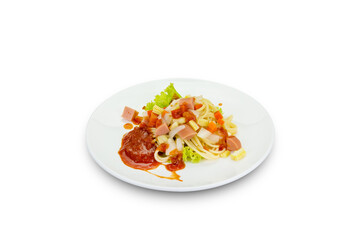 Spaghetti pasta with sausage on white background,clipping path.