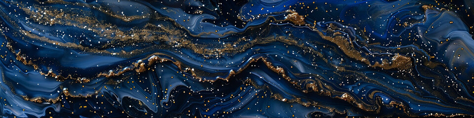 Indigo depths marble ink meandering through an expansive abstract canvas, speckled with ethereal glitters.