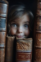 a boy is peeking out of a book with a face on the front.