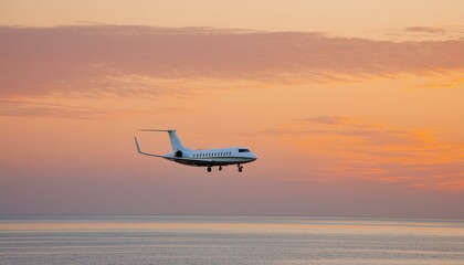 An airplane or private jet in sunset colored sky on the horizon during dusk and copy space...