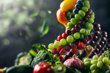 Biohacking. A variety of fruits and vegetables neatly arranged on a table. Generative AI