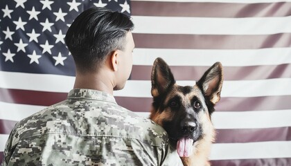 Back of american military man with service german shepherd on the background of the US flag, veterans day - obrazy, fototapety, plakaty