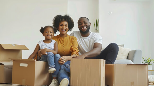 happy young family packing boxes at home for moving to new house, mother, father, daughters moving to parent's new property