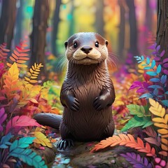 Playful Otter Enjoying Nature Alongside Cute Puffin and Other Wildlife in the Park - obrazy, fototapety, plakaty
