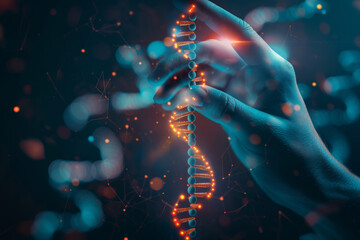 Biohacking. Person holding a DNA strand under electric blue sky. Generative AI