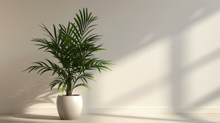 A beautiful shot of a potted palm tree in front of a white wall. The plant is healthy and green, and the pot is white and modern.