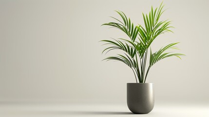 A beautiful lush green palm tree in a gray pot on a beige background.