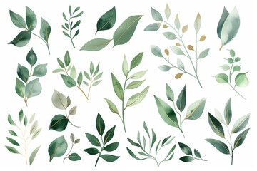 Watercolor painting of green leaves on white background. Generative AI