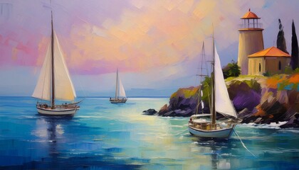 Beautiful abstract painting of a marine landscape done with acrylic paint in pastel colors. Still life hand painted oil picture