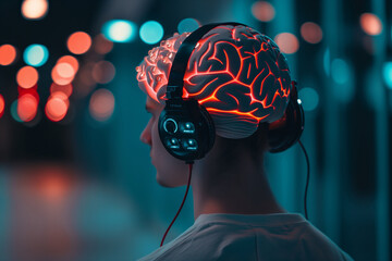 Biohacking. a man wearing headphones with a brain glowing in the background. Generative AI