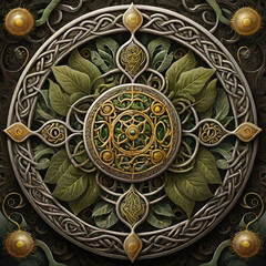 Celtic art, strange animal patterns, mystical totem with alchemical symbols, magical symbols,